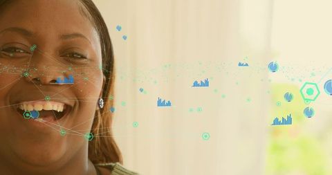 Smiling woman with data visualization overlay conveying connected analytics and insights