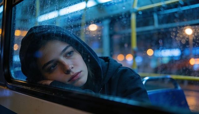 Hooded young woman leaning on rain-soaked bus window, nighttime urban melancholy, blue bokeh