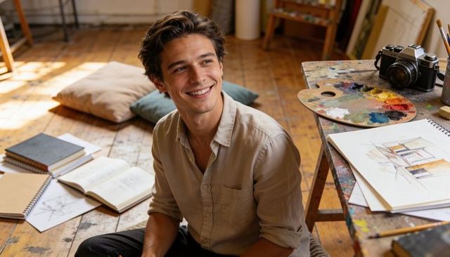 Young male artist sketching on sunlit wooden studio floor with watercolor palette