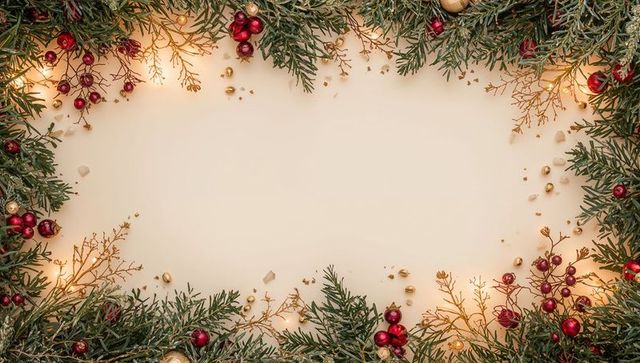 Festive Evergreen Border Featuring Red Berries, Gold Ornaments and Warm Lights on Cream Panel