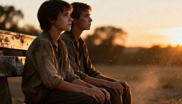Two teenage friends watching sunset on bench in dusty field, reflective golden hour
