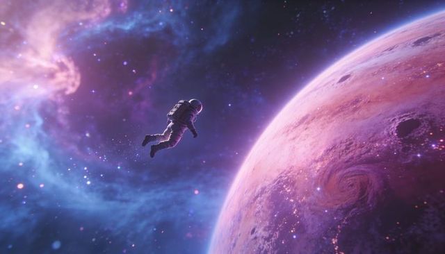 Lone astronaut floating near purple planet over nebula clouds cinematic sci-fi exploration