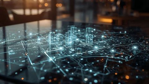 Futuristic holographic city map displayed on modern table