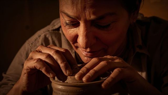 Close-up skilled potter shaping clay vessel with weathered hands in low-key studio light
