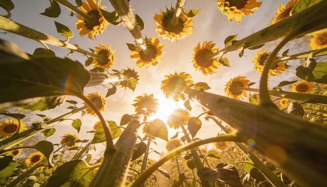 Sunflower canopy reaching toward golden sunlight backlit field with lens flare
