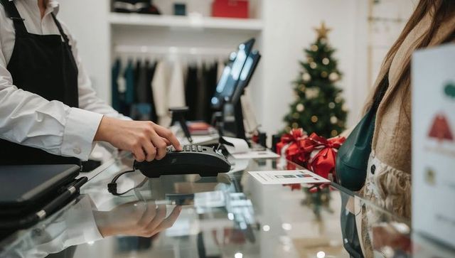 Processing holiday payment at boutique checkout with clerk pressing pin pad near gifts