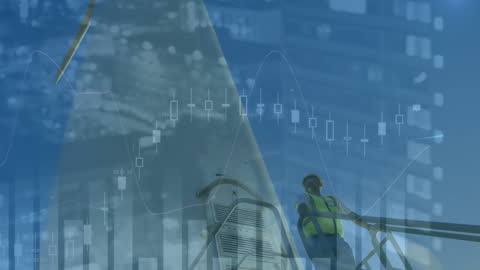 Financial Data Overlay on Wind Turbine for Sustainable Business Concept