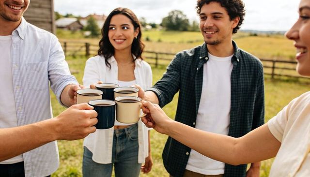 Young friends raising enamel mugs for rustic countryside toasting on sunny morning