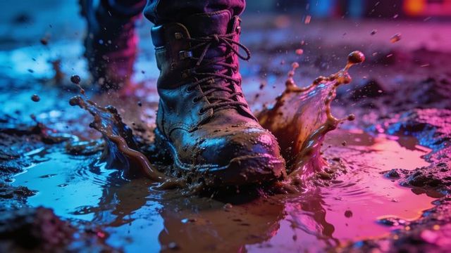 Splashing muddy combat boot stepping through neon puddle night urban leather