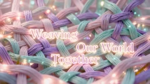 Macro pastel yarn weaving revealing pulsing title with twinkling lights and glow