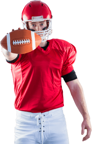 American football player in red uniform holding football transparent background