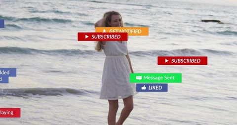 Woman on beach with social media notifications overlays, concept of online attention trends