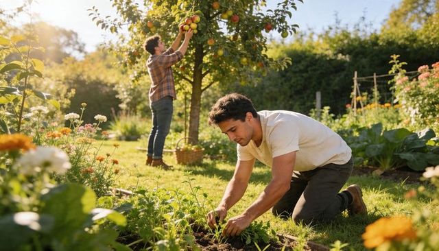 Couple harvesting apples and planting seedlings in sunny organic backyard garden