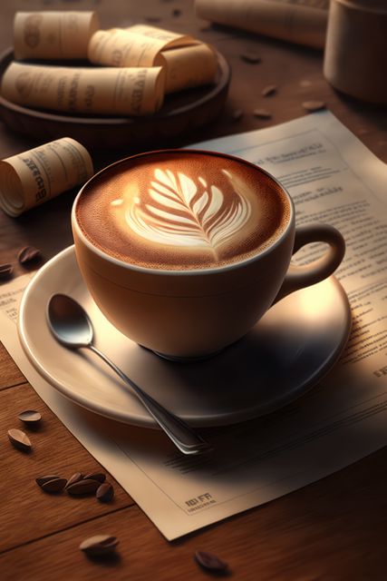 Steaming cup of cappuccino with intricate latte art on a wooden table, perfect for illustrating themes related to morning routines, cosy cafes, or coffee culture. Great for use in coffee shop branding, menu designs, or lifestyle blogs.