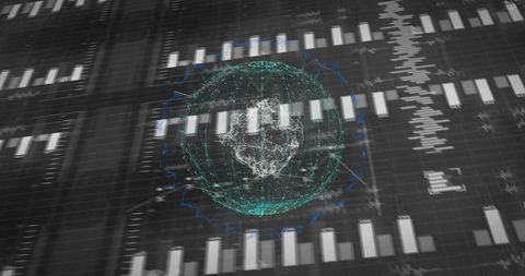 Rotating Holographic Wireframe Skull Network Overlaid on Virtual Analytics Dashboard