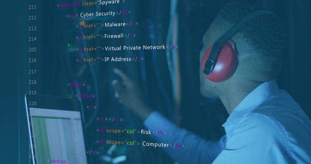 The image shows a man wearing headphones and working on a computer with a code overlay related to cyber security terms. This visual is ideal for use in articles, training materials, presentations, and marketing content focusing on cyber security, coding, IT professions, and digital security. It can also be used in blogs discussing programming, hacker news, or secure coding practices.