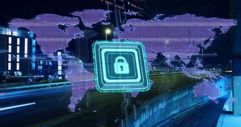 Global cybersecurity represented by digital padlock and world map