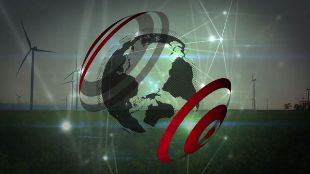 Abstract animation featuring connections, circles, and a globe superimposed on a background of wind turbines. Perfect for illustrating concepts related to renewable energy, global connectivity, and sustainable technology. Useful for environmental presentations, green tech promotions, and educational materials on clean energy.