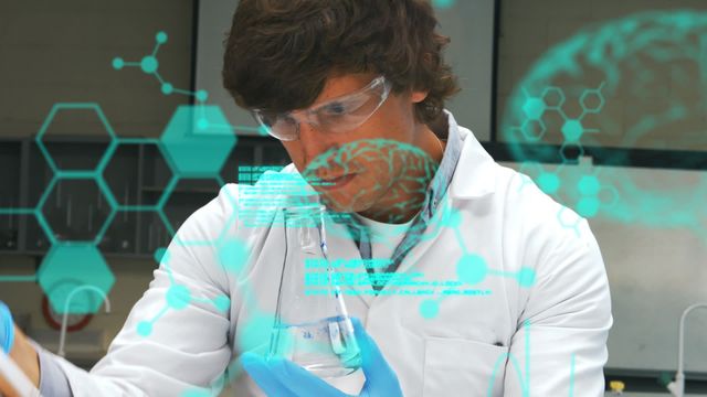 Male scientist with protective eyewear analyzing data in a laboratory. Futuristic holographic interface overlays highlight data processing and innovation aspects, making the setting appear technologically advanced. Great for use in educational materials, technology articles, and scientific presentations focusing on breakthroughs in research and data analysis.