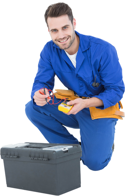 Smiling Repairman Holding Multimeter by Transparent Toolkit - Download Free Stock Videos Pikwizard.com