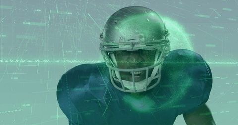 Futuristic football player amid virtual reality data overlay