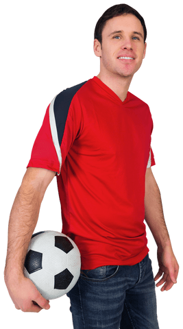 Smiling Man Holding Soccer Ball in Red Jersey on Transparent Background