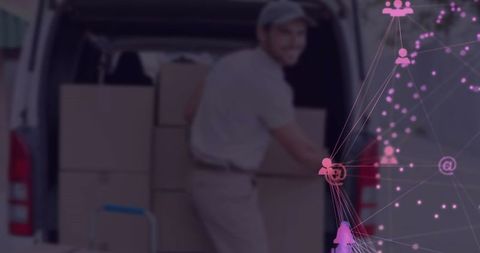 Delivery worker handling packages with digital network concept