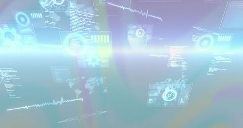 Holographic Data Interface Displaying Pastel HUD Panels, Radar Readouts and Floating Code