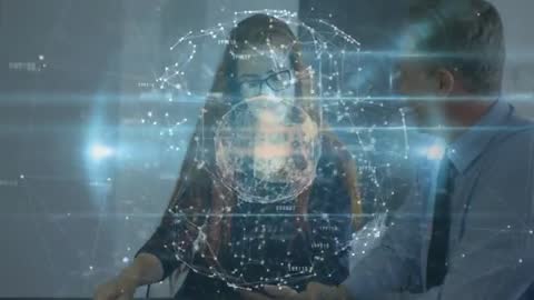 Business Professionals Collaborating with Holographic Network Interface