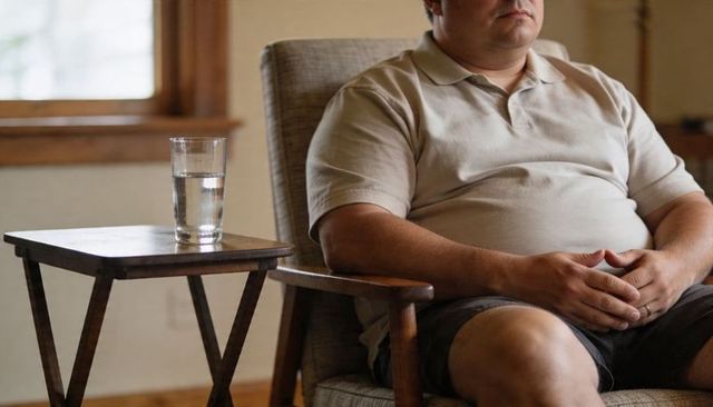 Middle-aged man sitting in armchair clasping hands with glass of water on wooden side table