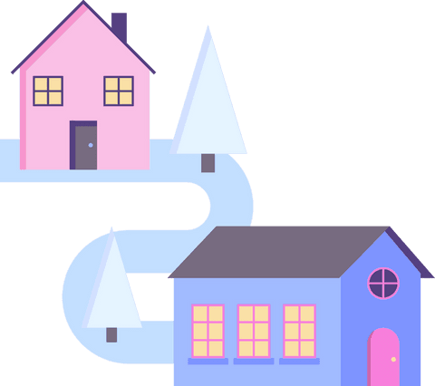 Charming pastel houses with winding road and trees on transparent background