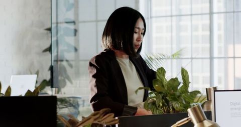 Focused Asian Businesswoman Caring for Office Plant in Modern Workspace