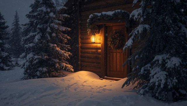 Snowy rustic log cabin entrance glowing with lantern light and festive wreath at night