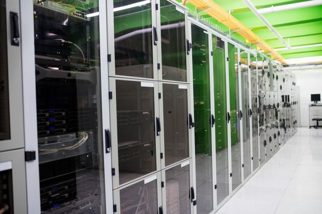 Modern server room with rows of network servers in a data center. Ideal for illustrating IT infrastructure, data storage solutions, network management, and cybersecurity. Useful for technology blogs, IT service websites, and educational materials on information technology.
