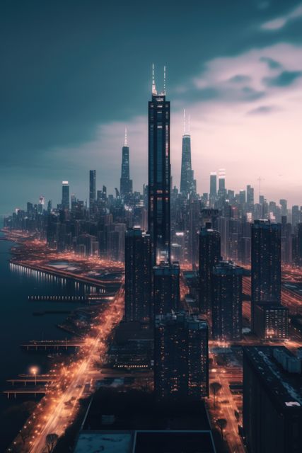 Skyline with modern buildings in the evening, created using generative ai technology. Urban architecture and cityscape concept digitally generated image.