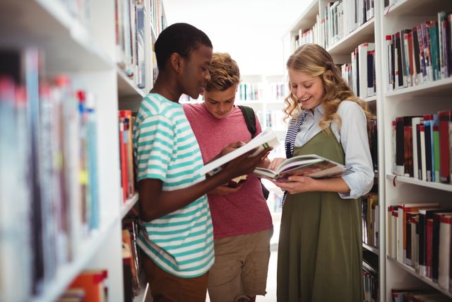 Three students are standing between bookshelves in a school library, engrossed in reading books. This image can be used for educational content, school promotions, library campaigns, and articles about student life and learning.
