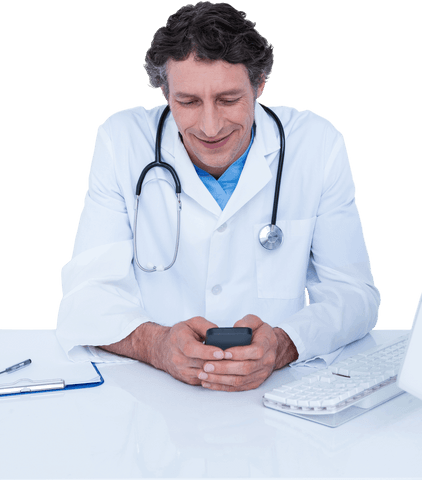 transparent smiling doctor using smartphone at desk with stethoscope - Download Free Stock Videos Pikwizard.com