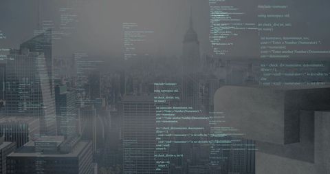 Hazy skyline with C++ code overlay conveying software development and urban tech