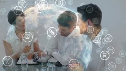 Business Team Collaborating with Digital Interface in Modern Office