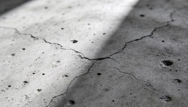Worn Concrete Slab Showing Crisscross Cracks, Pitted Texture and Diagonal Shadow