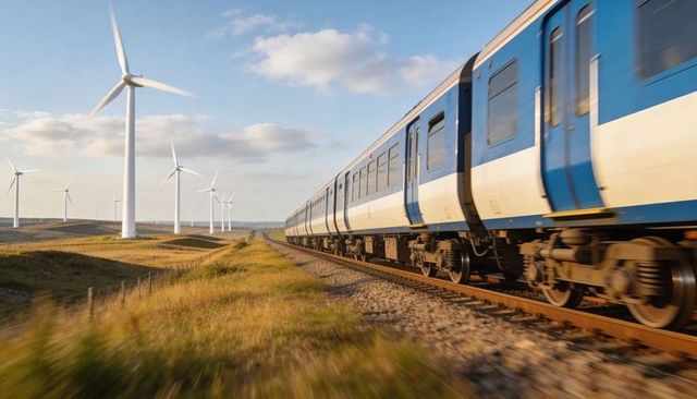 Passing passenger train racing past wind turbines on rural single-track railway at sunset