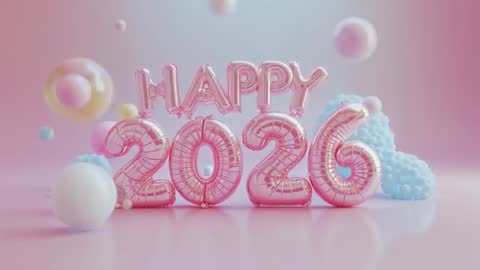 Happy 2026 Foil Balloons Celebrating with Floating Pastel Spheres and Reflective Glossy Surface
