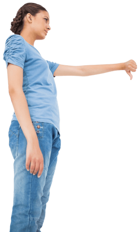 Brunette woman showing thumbs down transparent background