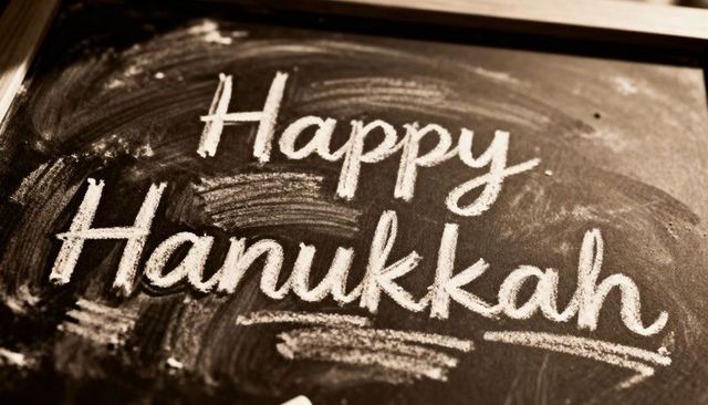 Handwritten happy hanukkah chalkboard with rustic wooden frame and chalk dust