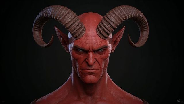 Red-skinned Demon Sculpt with Horns in Gothic Fantasy Art