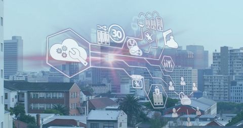 Digital interface icons floating over urban landscape