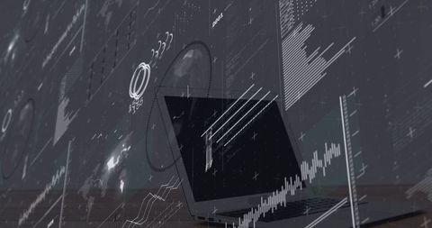 Digital Data Interface Overlaying Laptop for Global Business Insights