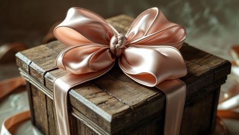 Rustic wooden gift box with elegant peach satin bow