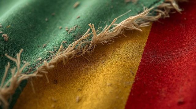 Frayed tricolor fabric closeup showing woven fibers and loose lint on cloth surface