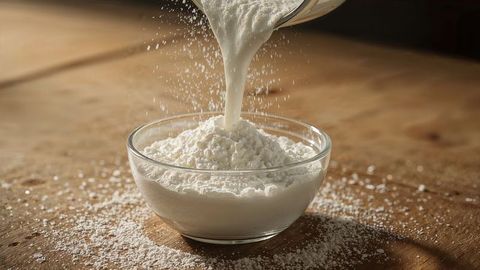 Milk powder pouring into glass bowl on rustic table
